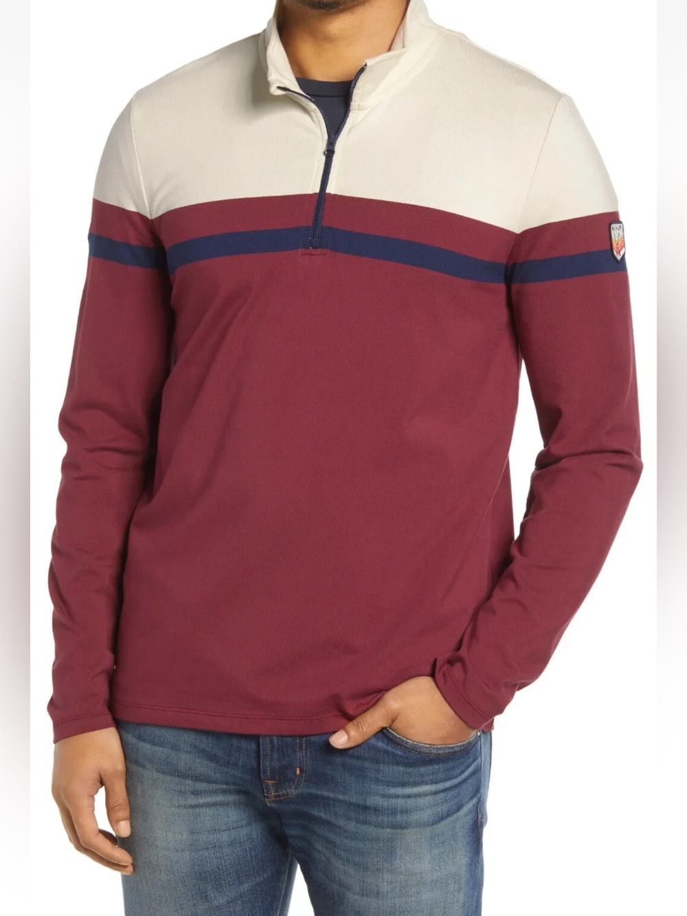 Marine Layer x Lost & Found Quarter Zip Pullover Large Burgundy Colorblock
